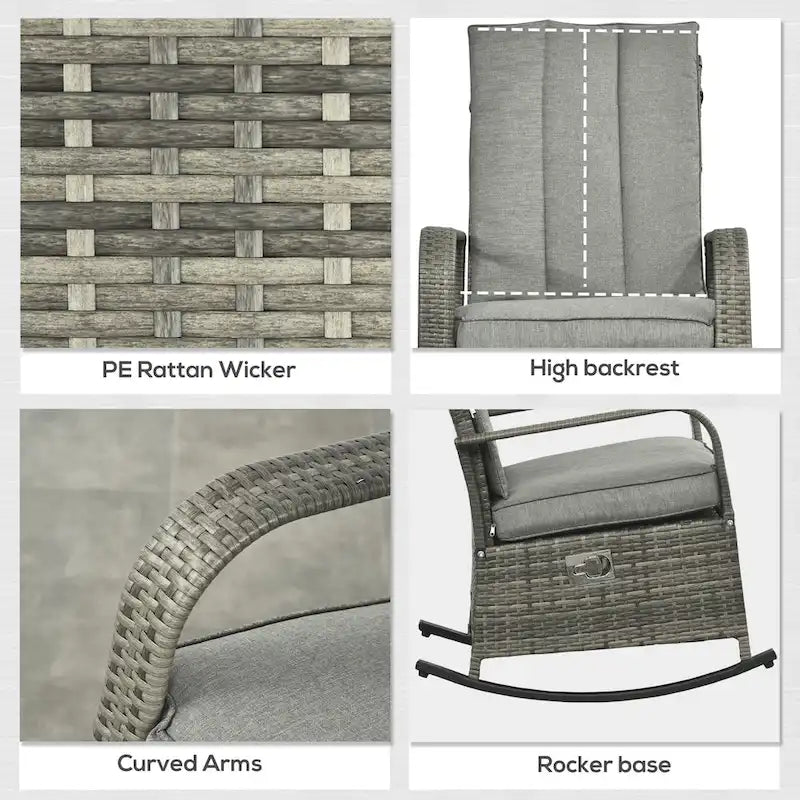 Outdoor Rattan Rocking Chair Patio Recliner with Soft Cushions, Adjustable Footrest, Max. 135 Degree Backrest, PE Wicker