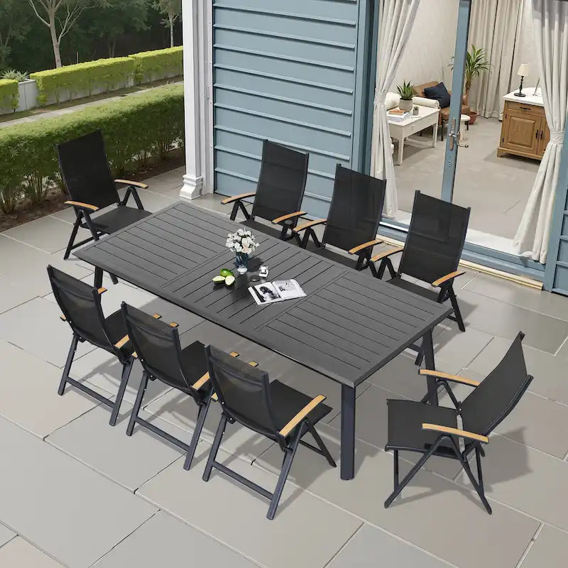 7/9PC Outdoor Patio Aluminum Dining Table with Umbrella Hole include Folding Chairs