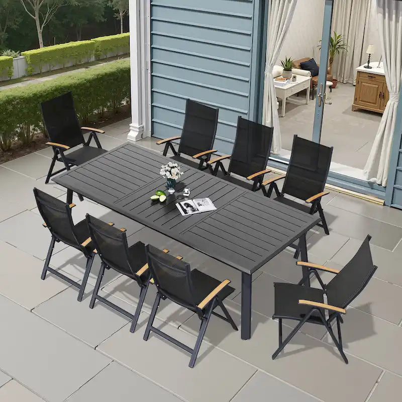 7/9PC Outdoor Patio Aluminum Dining Table with Umbrella Hole include Folding Chairs