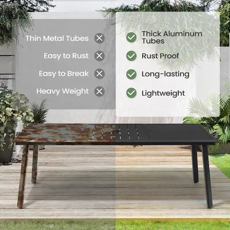 7/9PC Outdoor Patio Aluminum Dining Table with Umbrella Hole include Folding Chairs