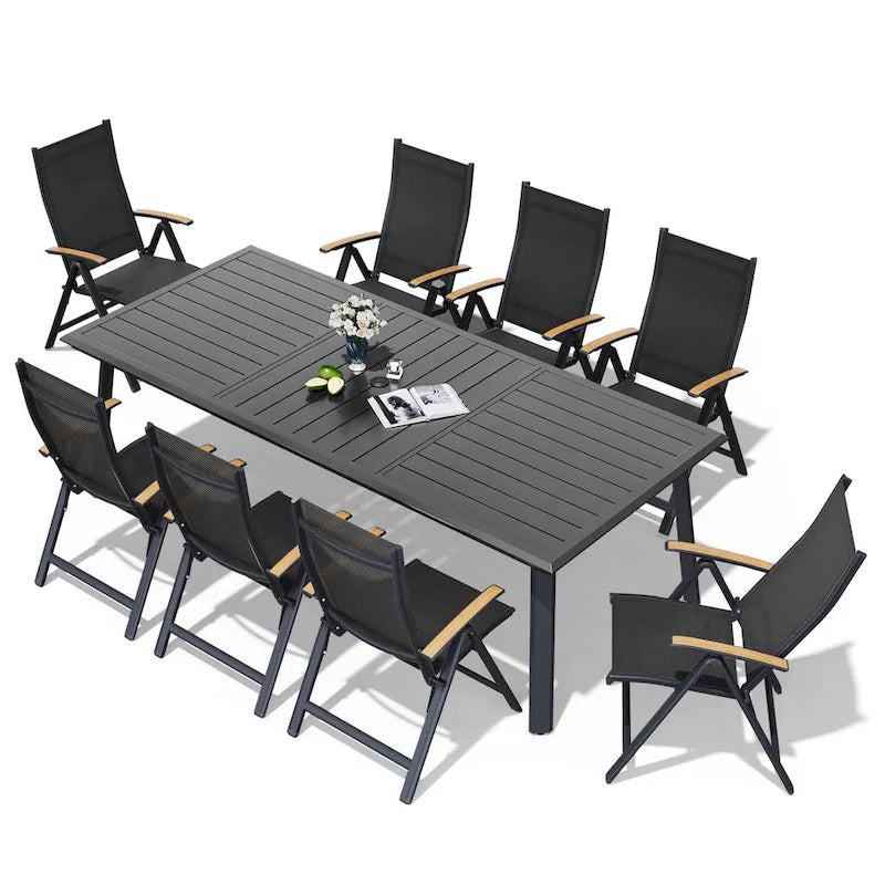 7/9PC Outdoor Patio Aluminum Dining Table with Umbrella Hole include Folding Chairs