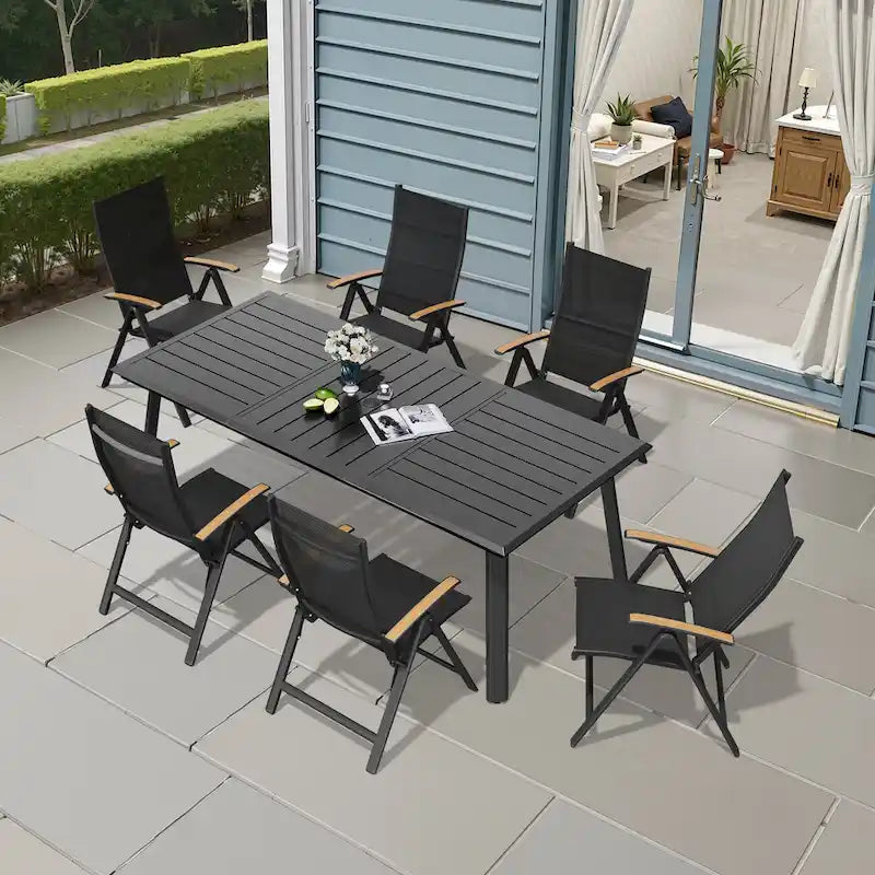 7/9PC Outdoor Patio Aluminum Dining Table with Umbrella Hole include Folding Chairs