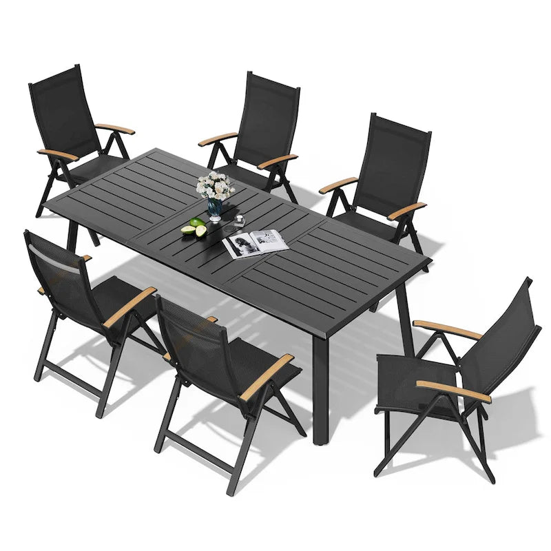 7/9PC Outdoor Patio Aluminum Dining Table with Umbrella Hole include Folding Chairs