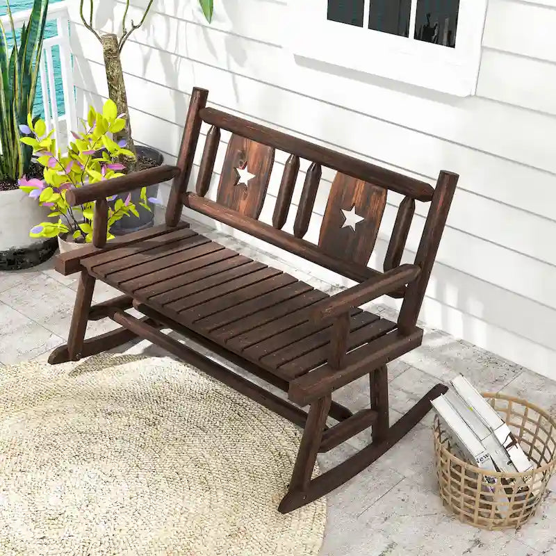 Gymax Outdoor Carbonized Wood Rocking Bench Double Rocking Chair for 2