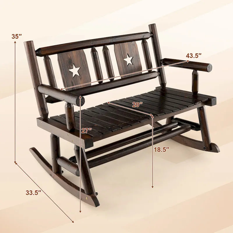 Gymax Outdoor Carbonized Wood Rocking Bench Double Rocking Chair for 2