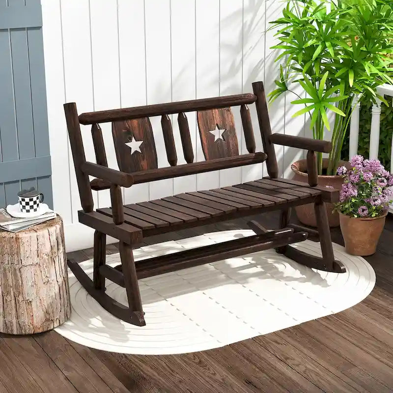 Gymax Outdoor Carbonized Wood Rocking Bench Double Rocking Chair for 2
