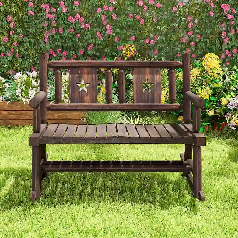 Gymax Outdoor Carbonized Wood Rocking Bench Double Rocking Chair for 2