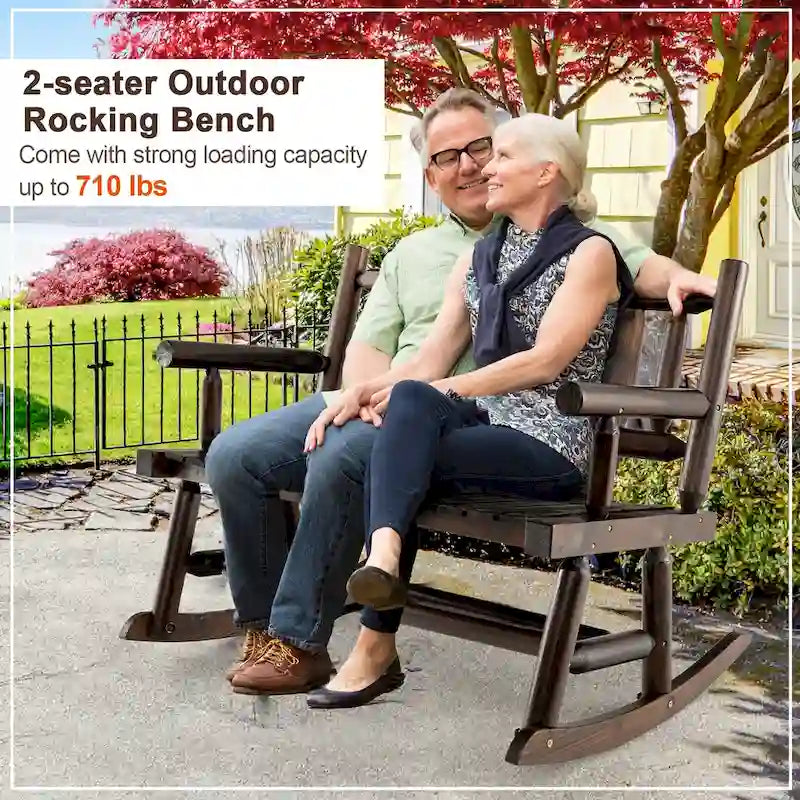 Gymax Outdoor Carbonized Wood Rocking Bench Double Rocking Chair for 2