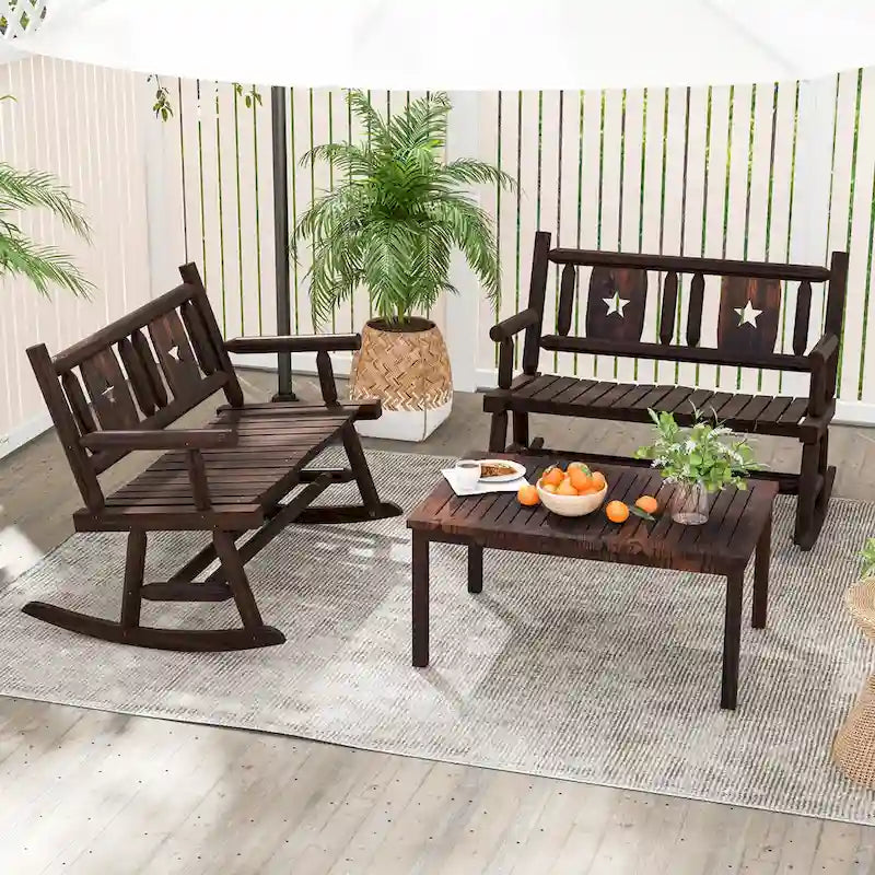 Gymax Outdoor Carbonized Wood Rocking Bench Double Rocking Chair for 2