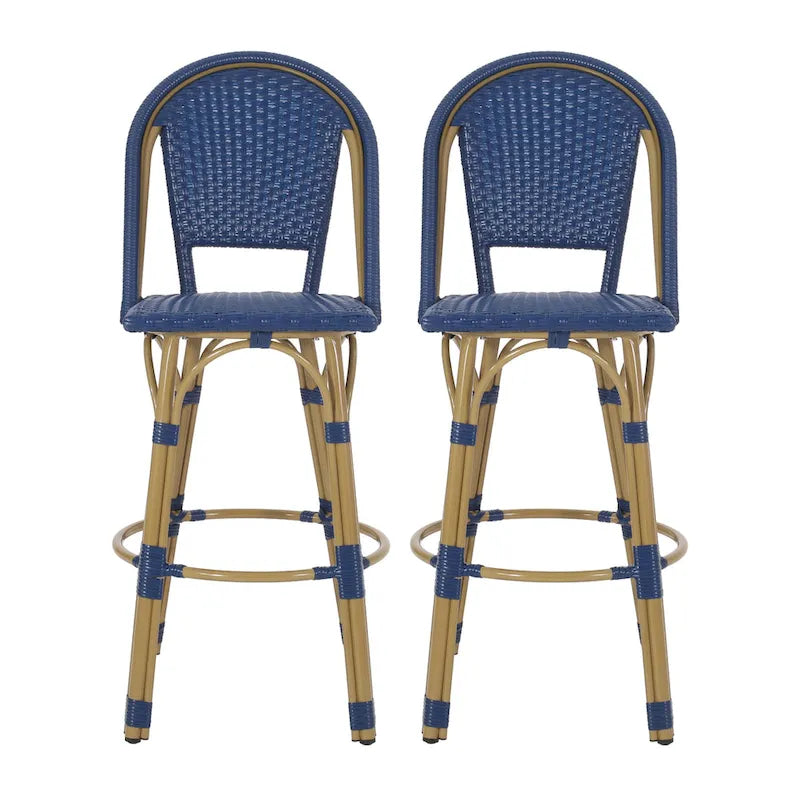 Gomy Outdoor Barstool Char Set of 2, Blue Wicker Woven, Brown Aluminum