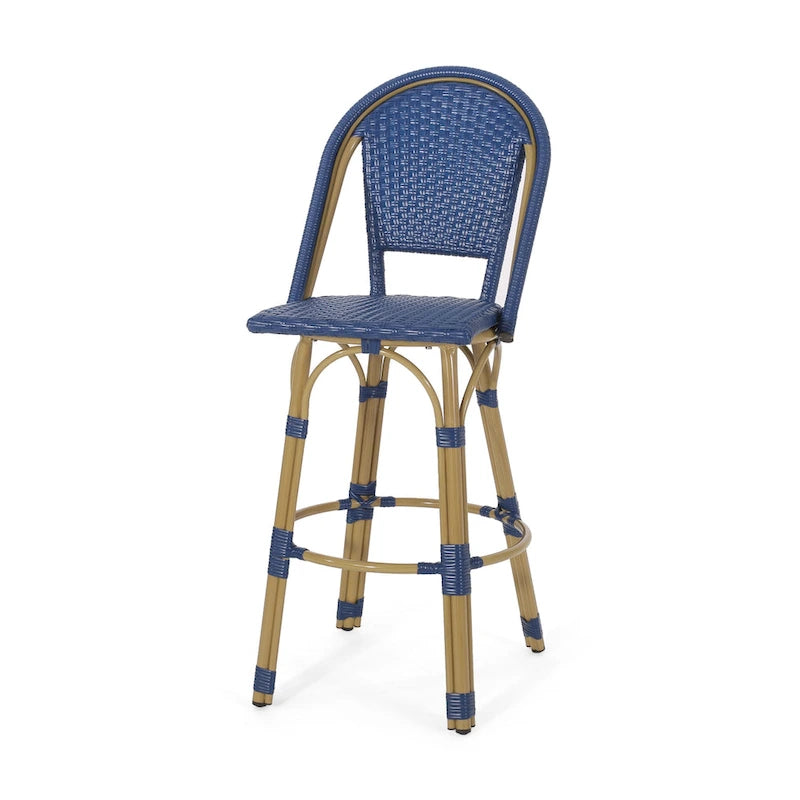 Gomy Outdoor Barstool Char Set of 2, Blue Wicker Woven, Brown Aluminum