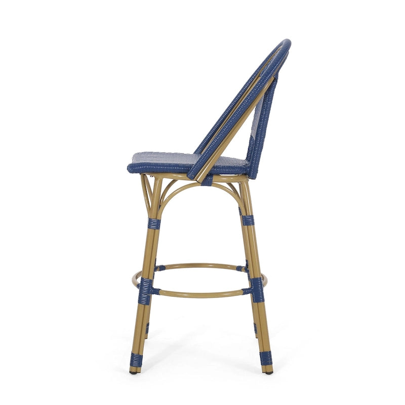Gomy Outdoor Barstool Char Set of 2, Blue Wicker Woven, Brown Aluminum