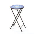 Silia Outdoor End Table, Round 13 Inch, Blue and White Ceramic Tile