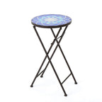 Silia Outdoor End Table, Round 13 Inch, Blue and White Ceramic Tile