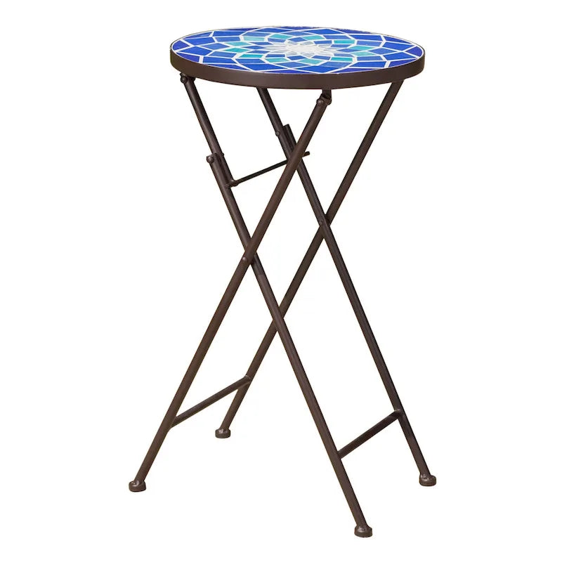 Silia Outdoor End Table, Round 13 Inch, Blue and White Ceramic Tile