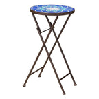 Silia Outdoor End Table, Round 13 Inch, Blue and White Ceramic Tile