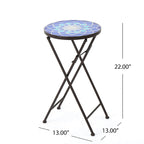 Silia Outdoor End Table, Round 13 Inch, Blue and White Ceramic Tile