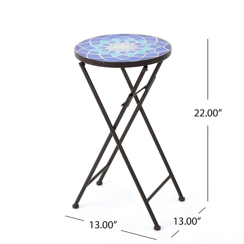 Silia Outdoor End Table, Round 13 Inch, Blue and White Ceramic Tile