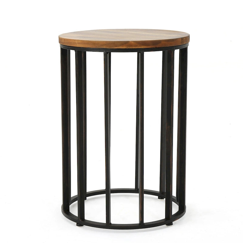 Outdoor Side End Table, 15 Inch Round Brown Wood Top, Black Iron Frame