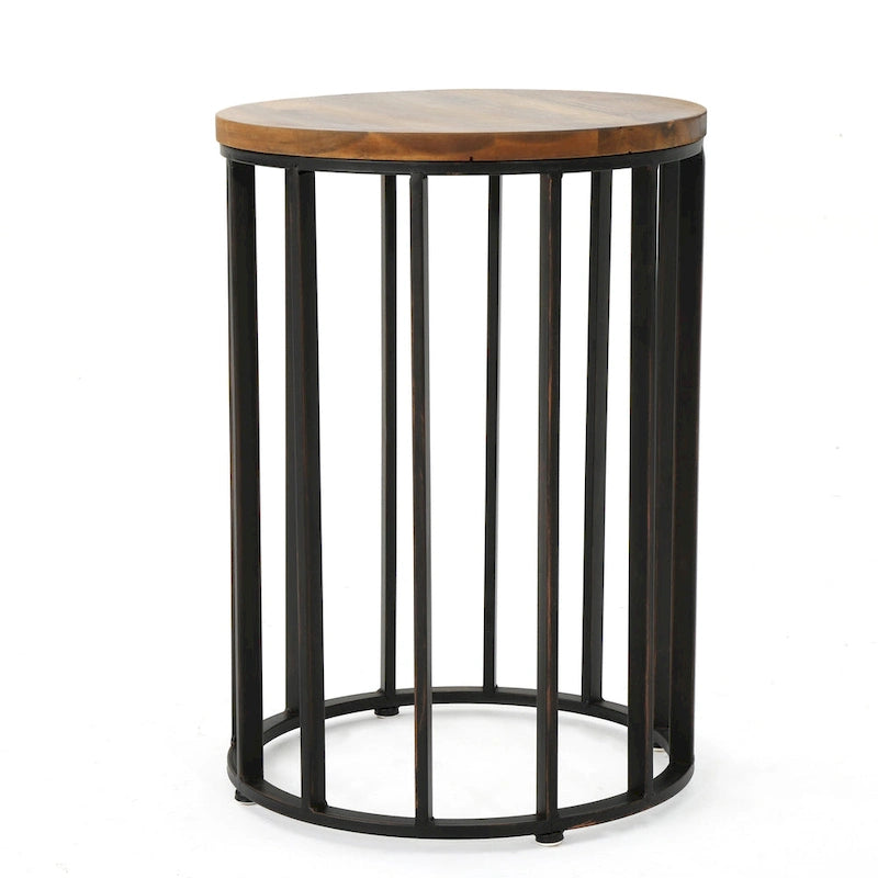 Outdoor Side End Table, 15 Inch Round Brown Wood Top, Black Iron Frame