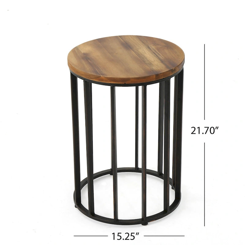 Outdoor Side End Table, 15 Inch Round Brown Wood Top, Black Iron Frame