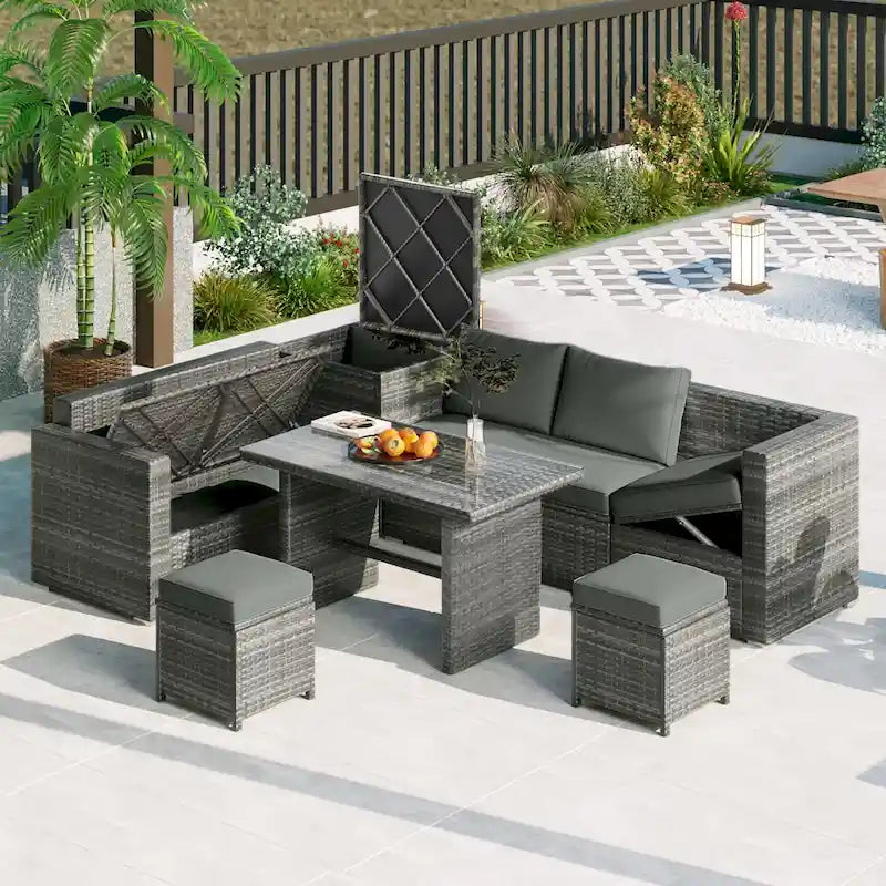 6 Piece Outdoor Furniture Set, All Weather Patio Conversation Set, Rattan Sofa Set with Storage Box and Tempered Glass Table