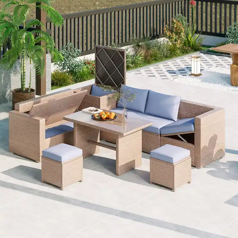 6 Piece Outdoor Furniture Set, All Weather Patio Conversation Set, Rattan Sofa Set with Storage Box and Tempered Glass Table