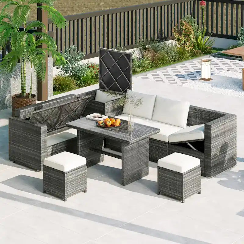 6 Piece Outdoor Furniture Set, All Weather Patio Conversation Set, Rattan Sofa Set with Storage Box and Tempered Glass Table