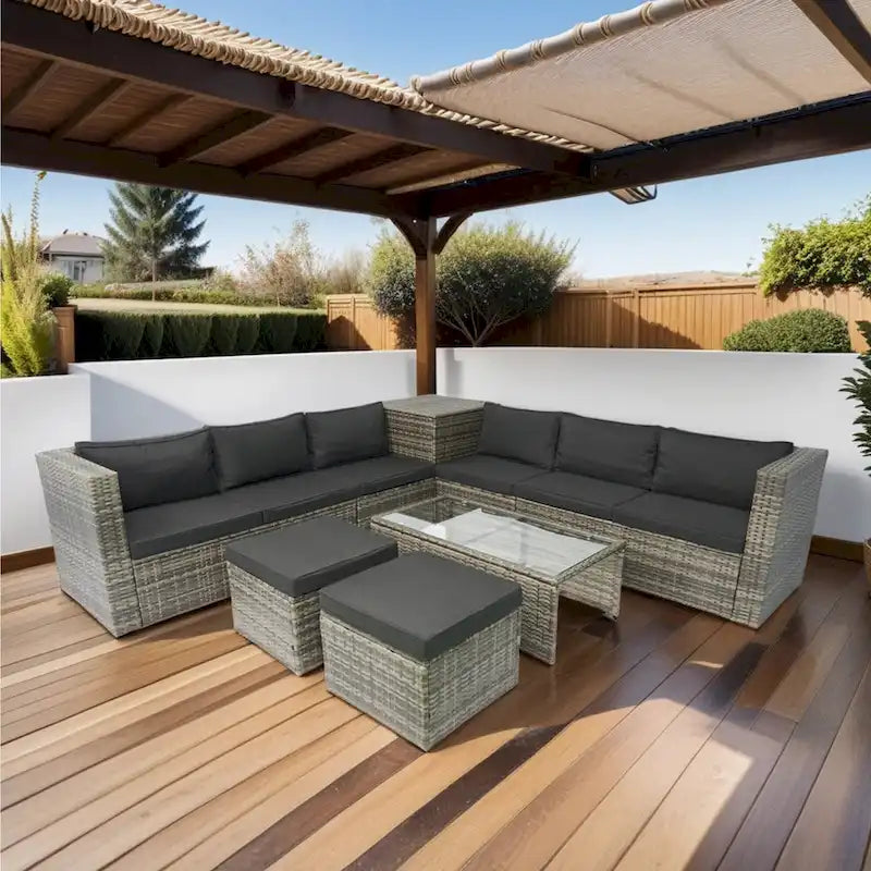 8 Pcs Patio L-Shaped Sectional Sofa Set, Outdoor Wicker Rattan Furniture Set with One Storage Box Under Seat and Coffee Table