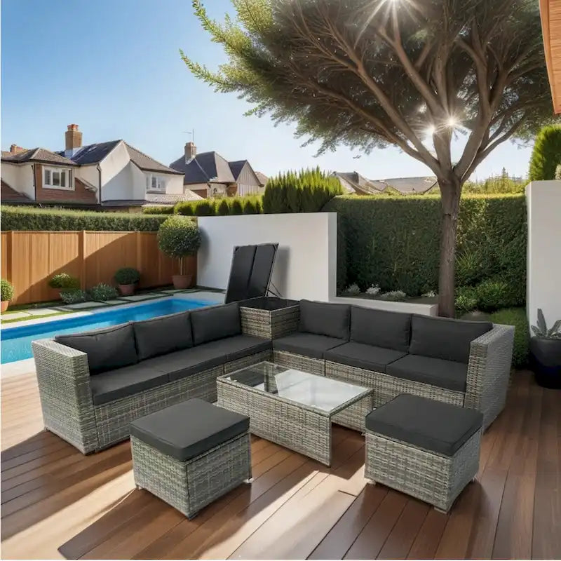 8 Pcs Patio L-Shaped Sectional Sofa Set, Outdoor Wicker Rattan Furniture Set with One Storage Box Under Seat and Coffee Table