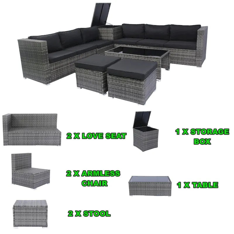 8 Pcs Patio L-Shaped Sectional Sofa Set, Outdoor Wicker Rattan Furniture Set with One Storage Box Under Seat and Coffee Table