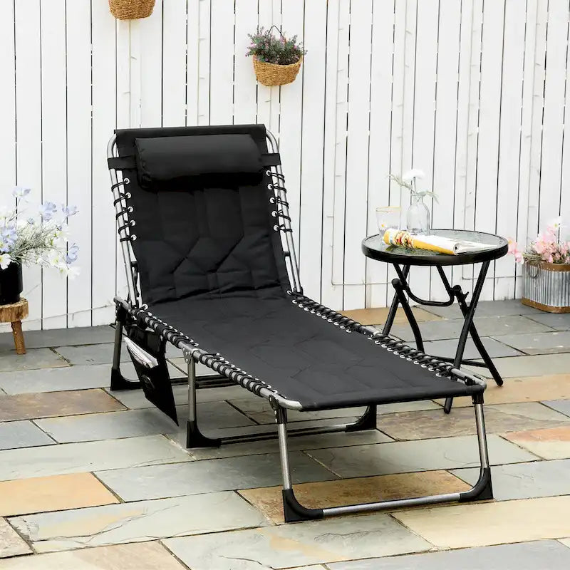 Outsunny Padded Folding Chaise Lounge Chair, Outdoor 6-Level Reclining Camping Tanning Chair with Headrest for Beach, Patio