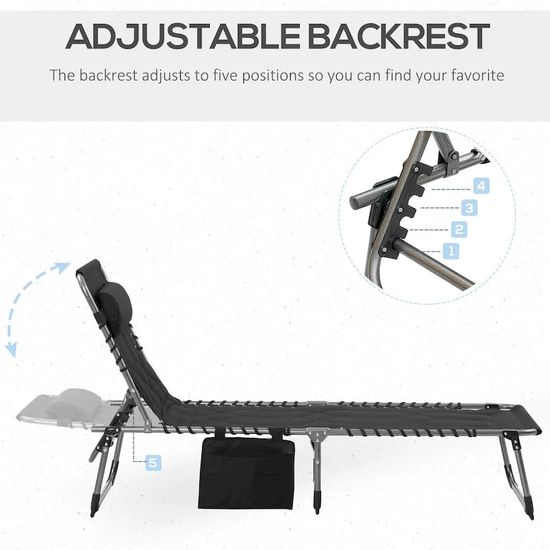 Outsunny Padded Folding Chaise Lounge Chair, Outdoor 6-Level Reclining Camping Tanning Chair with Headrest for Beach, Patio