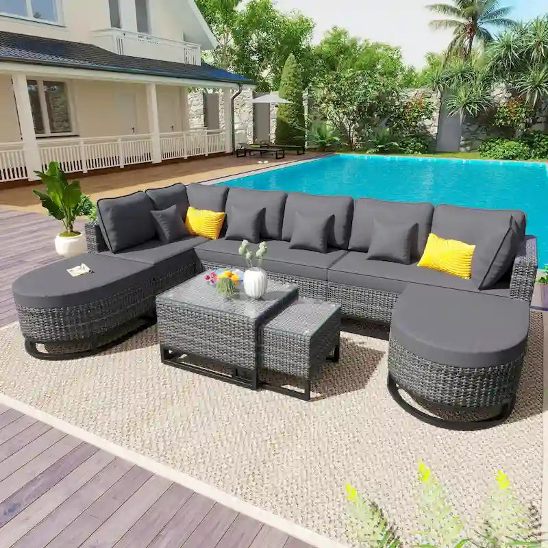 7 Pieces Outdoor Wicker Sofa Set, Rattan Conservation Sectional Free Combination Set, Patio Furniture Sets with Coffee Table