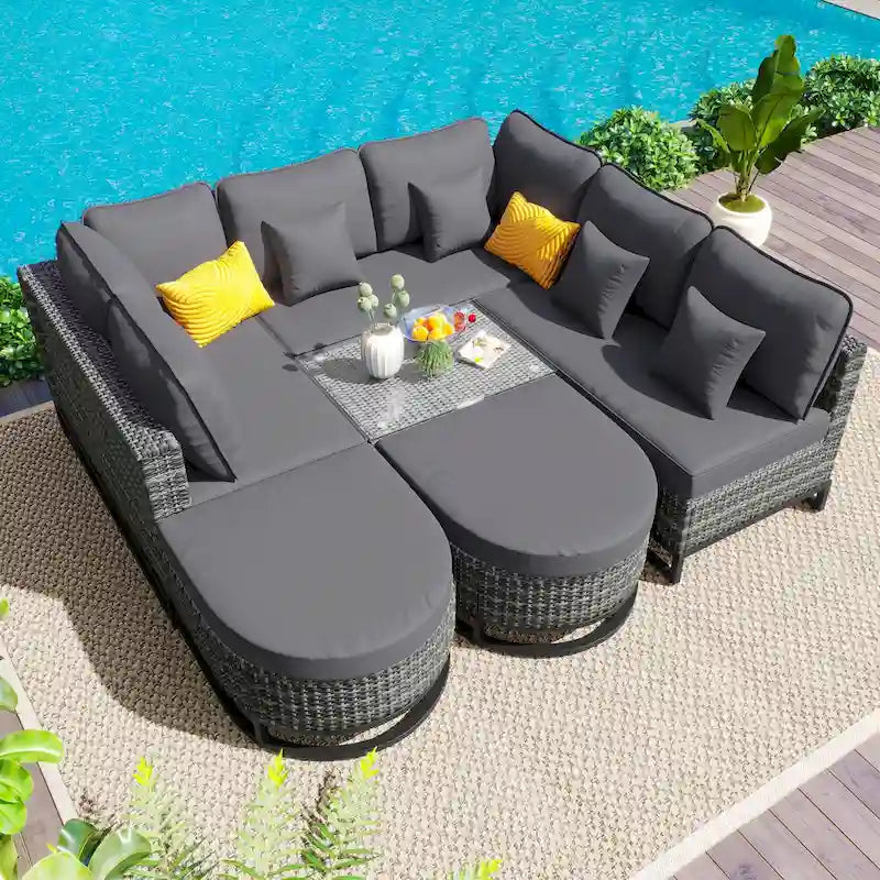 7 Pieces Outdoor Wicker Sofa Set, Rattan Conservation Sectional Free Combination Set, Patio Furniture Sets with Coffee Table