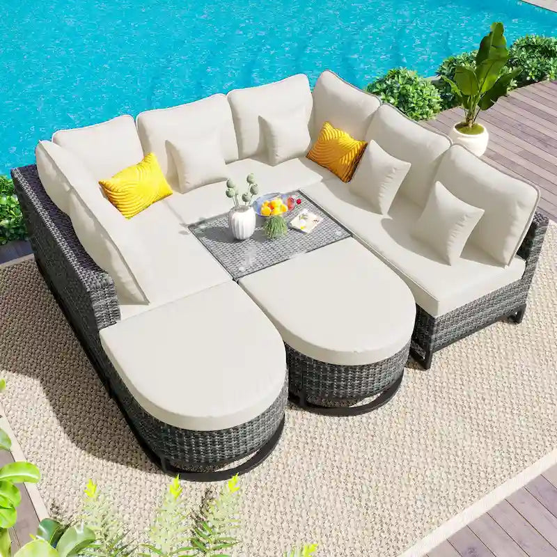 7 Pieces Outdoor Wicker Sofa Set, Rattan Conservation Sectional Free Combination Set, Patio Furniture Sets with Coffee Table