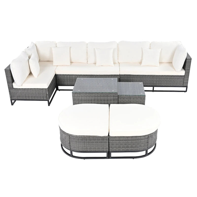 7 Pieces Outdoor Wicker Sofa Set, Rattan Conservation Sectional Free Combination Set, Patio Furniture Sets with Coffee Table