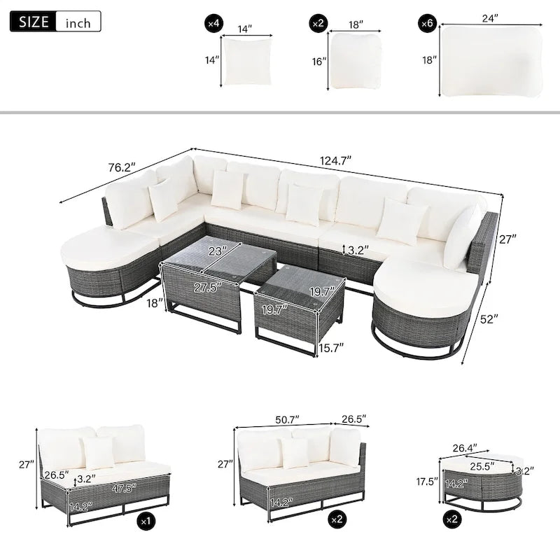 7 Pieces Outdoor Wicker Sofa Set, Rattan Conservation Sectional Free Combination Set, Patio Furniture Sets with Coffee Table