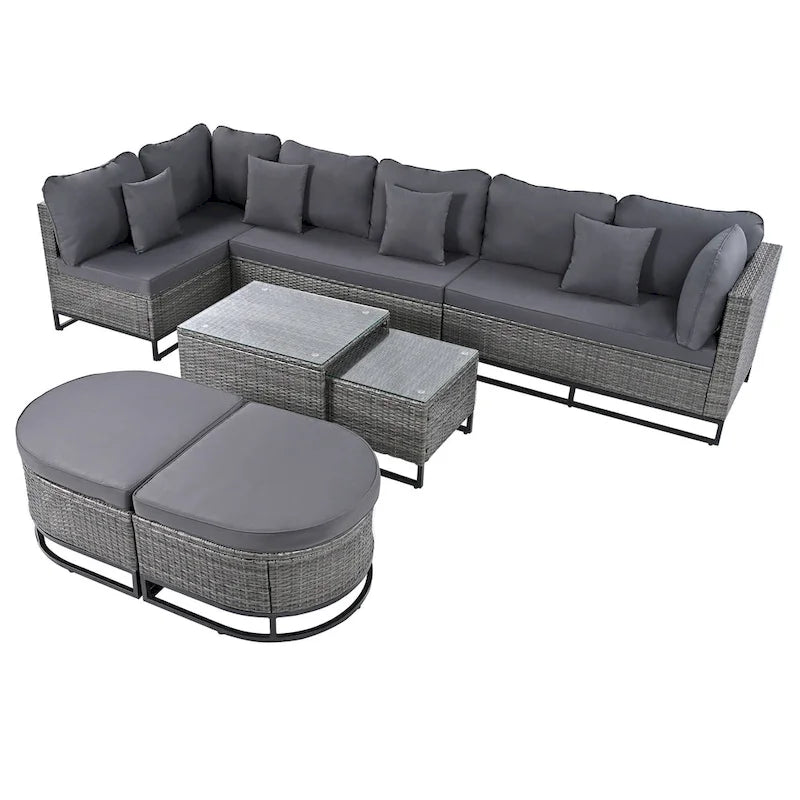 7 Pieces Outdoor Wicker Sofa Set, Rattan Conservation Sectional Free Combination Set, Patio Furniture Sets with Coffee Table