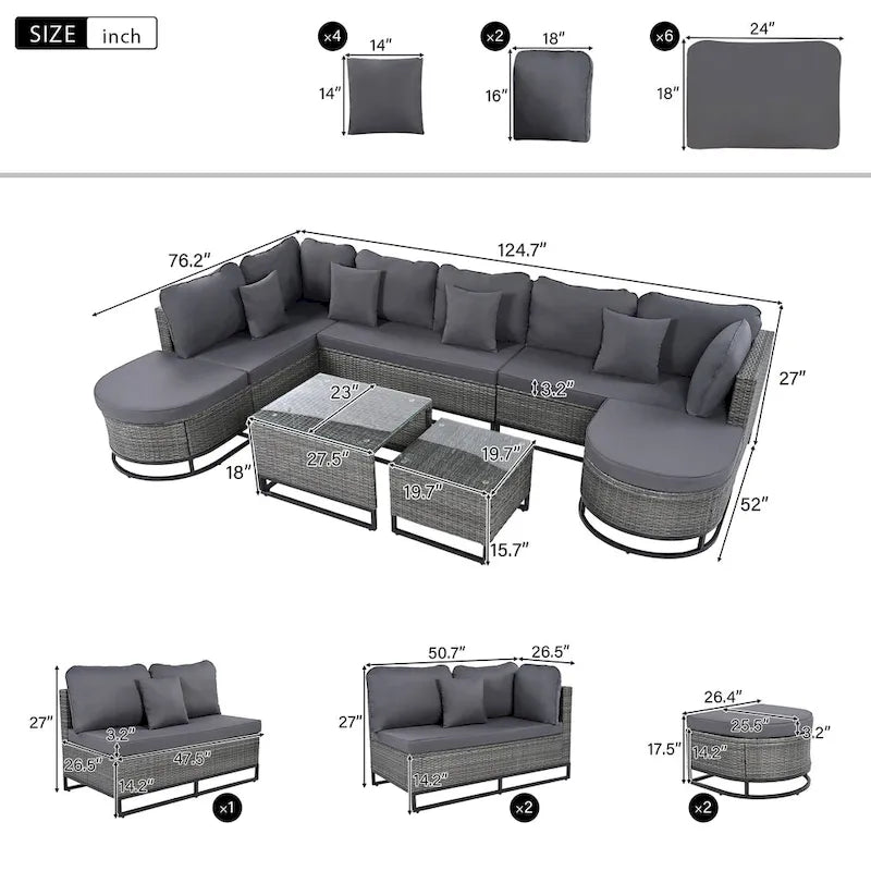 7 Pieces Outdoor Wicker Sofa Set, Rattan Conservation Sectional Free Combination Set, Patio Furniture Sets with Coffee Table
