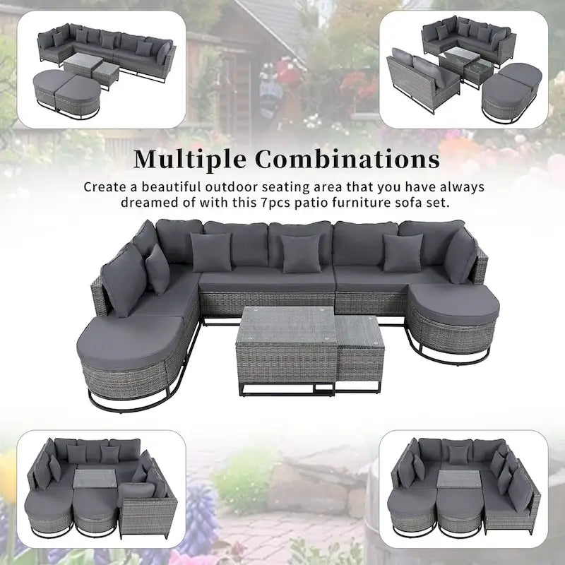 7 Pieces Outdoor Wicker Sofa Set, Rattan Conservation Sectional Free Combination Set, Patio Furniture Sets with Coffee Table