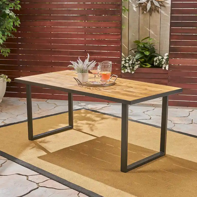 70 Inch Acacia Wood Dining Table Teak Top Black Metal Legs Outdoor Patio