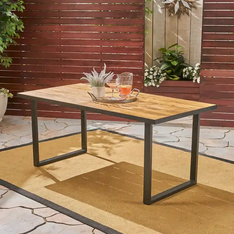 70 Inch Acacia Wood Dining Table Teak Top Black Metal Legs Outdoor Patio
