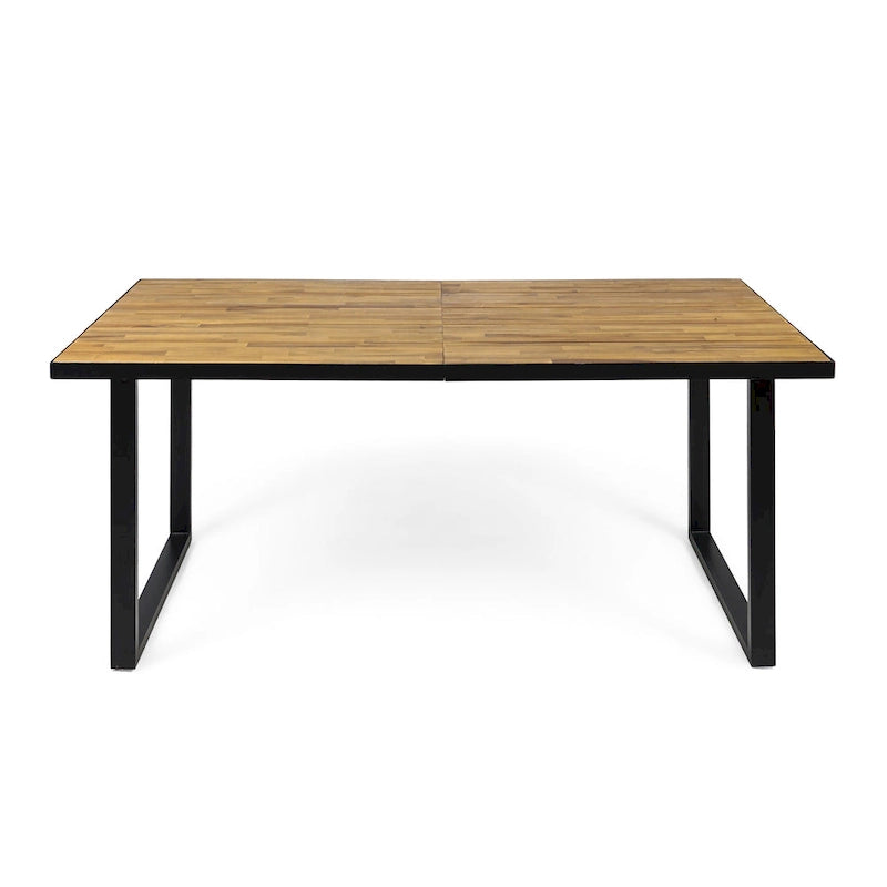 70 Inch Acacia Wood Dining Table Teak Top Black Metal Legs Outdoor Patio