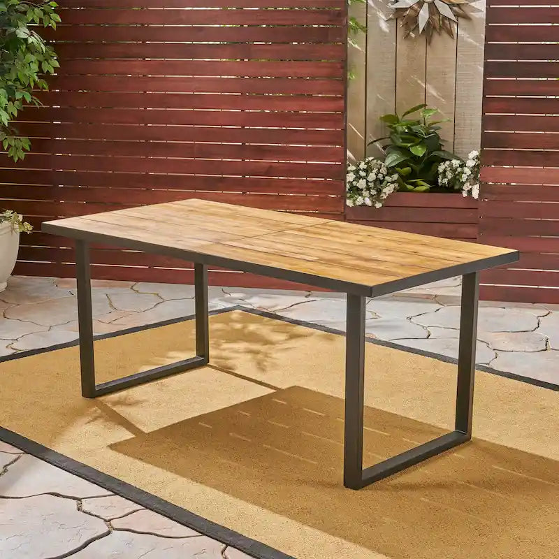 70 Inch Acacia Wood Dining Table Teak Top Black Metal Legs Outdoor Patio