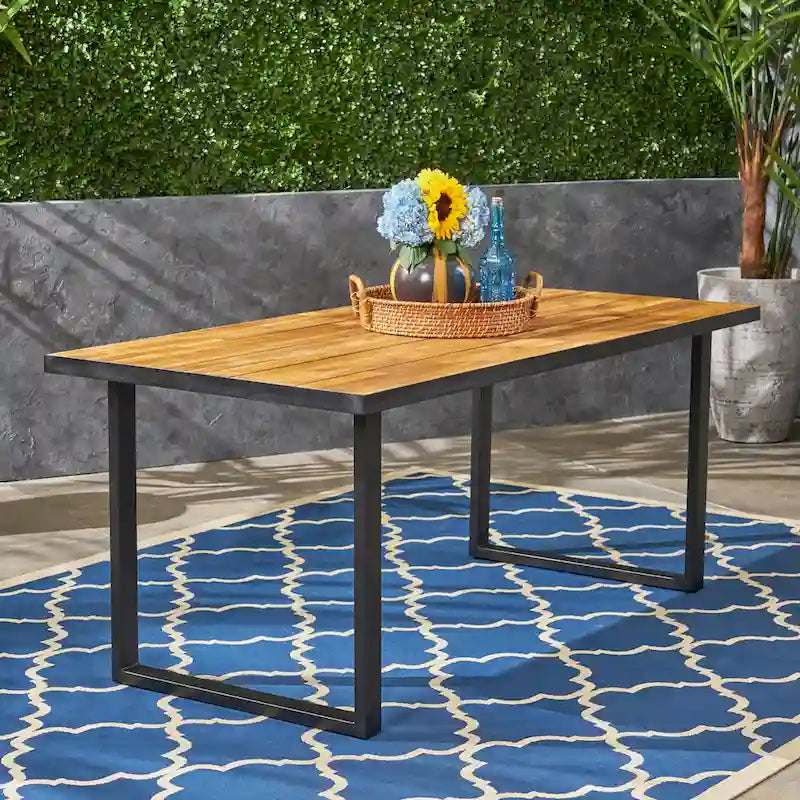70 Inch Acacia Wood Dining Table Teak Top Black Metal Legs Outdoor Patio