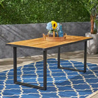 70 Inch Acacia Wood Dining Table Teak Top Black Metal Legs Outdoor Patio