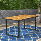 70 Inch Acacia Wood Dining Table Teak Top Black Metal Legs Outdoor Patio