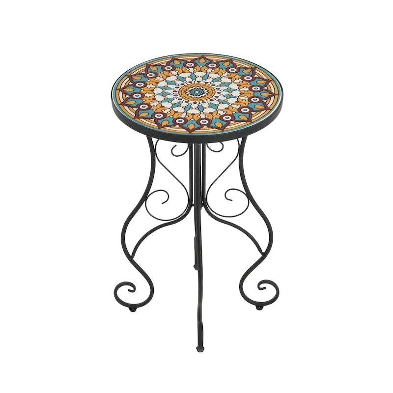 Round Ceramic Outdoor Side Table,Colorful+Black