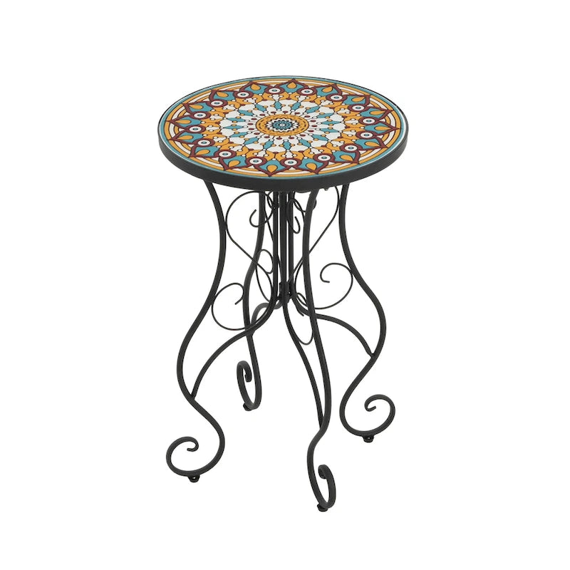 Round Ceramic Outdoor Side Table,Colorful+Black
